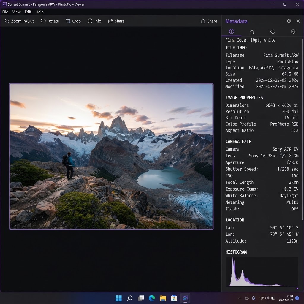 Void Image Viewer — 格式信息面板 Void Image Viewer — 格式信息面板: 分辨率、色彩配置、EXIF 和文件大小一目了然。