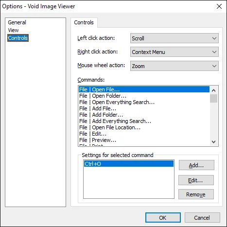 Void Image Viewer Controls options screenshot — Customize mouse and keyboard actions to fit your workflow.