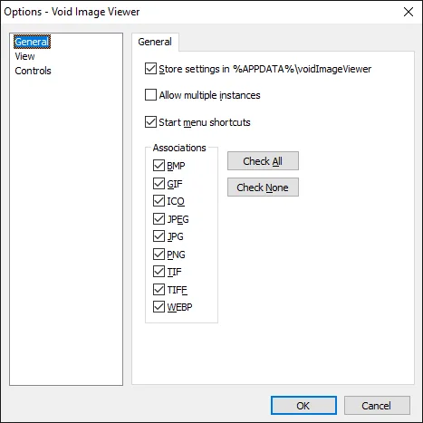Void Image Viewer General options screenshot — Configure startup behavior, file associations and general preferences.